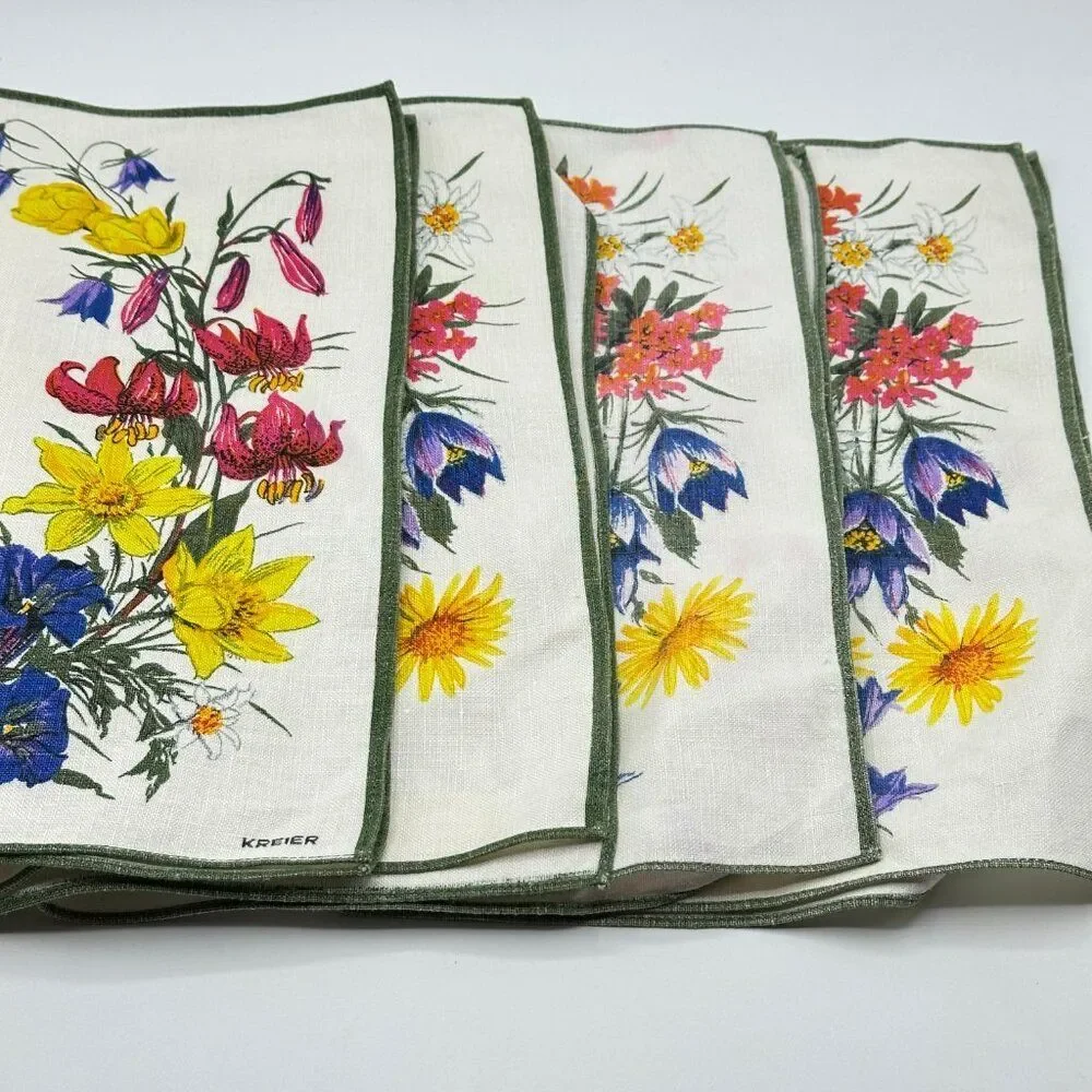 Kreier Swedish Vintage Linen Floral and Green Trim Napkins Placemats Set of 4